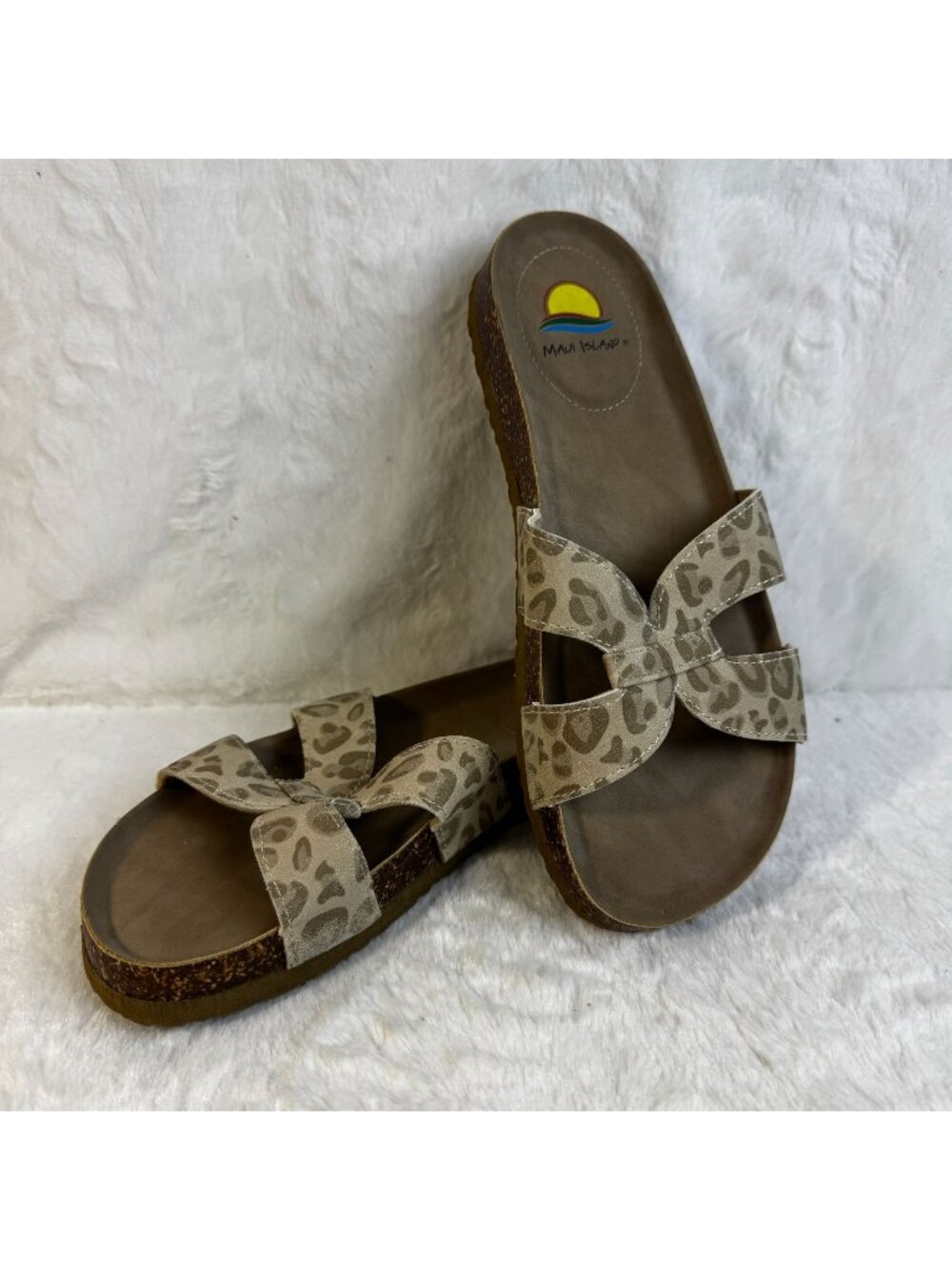 Maui Island Womens Leopard Print Sandals With Cork Sole & Bow Straps Beige/Brown